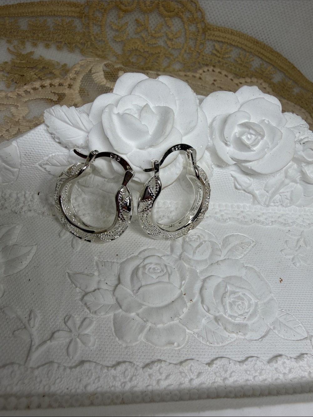 925 Sterling Silver Filigree Lace Statement Hoops – Heirloom Style Old Hollywood - Picture 6 of 6